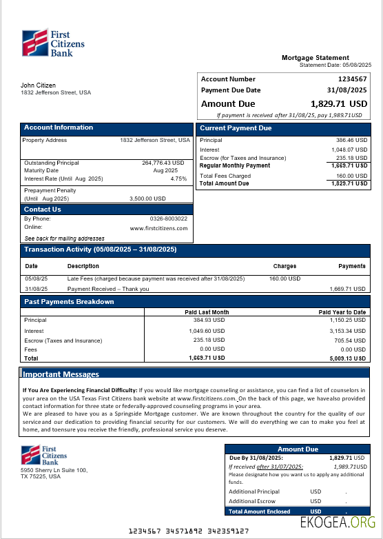 Relevé d'hypothèque bancaire des États , Unis Texas First Citizens aux formats Word et PDF
